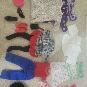Lot of American Girl 18in doll outfits w/ doll stand. Skirt and scarf crocheted